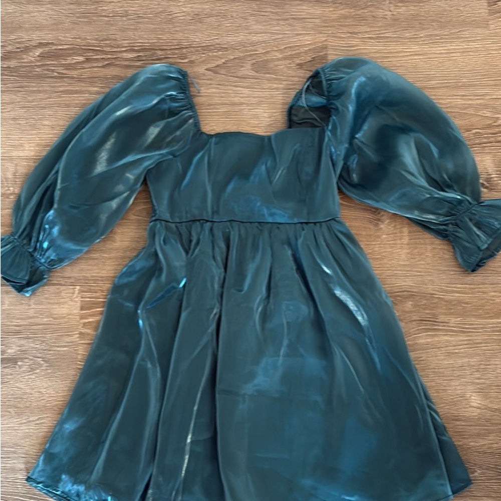 Sophisticated Teal Formal Dress with Puff Sleeves